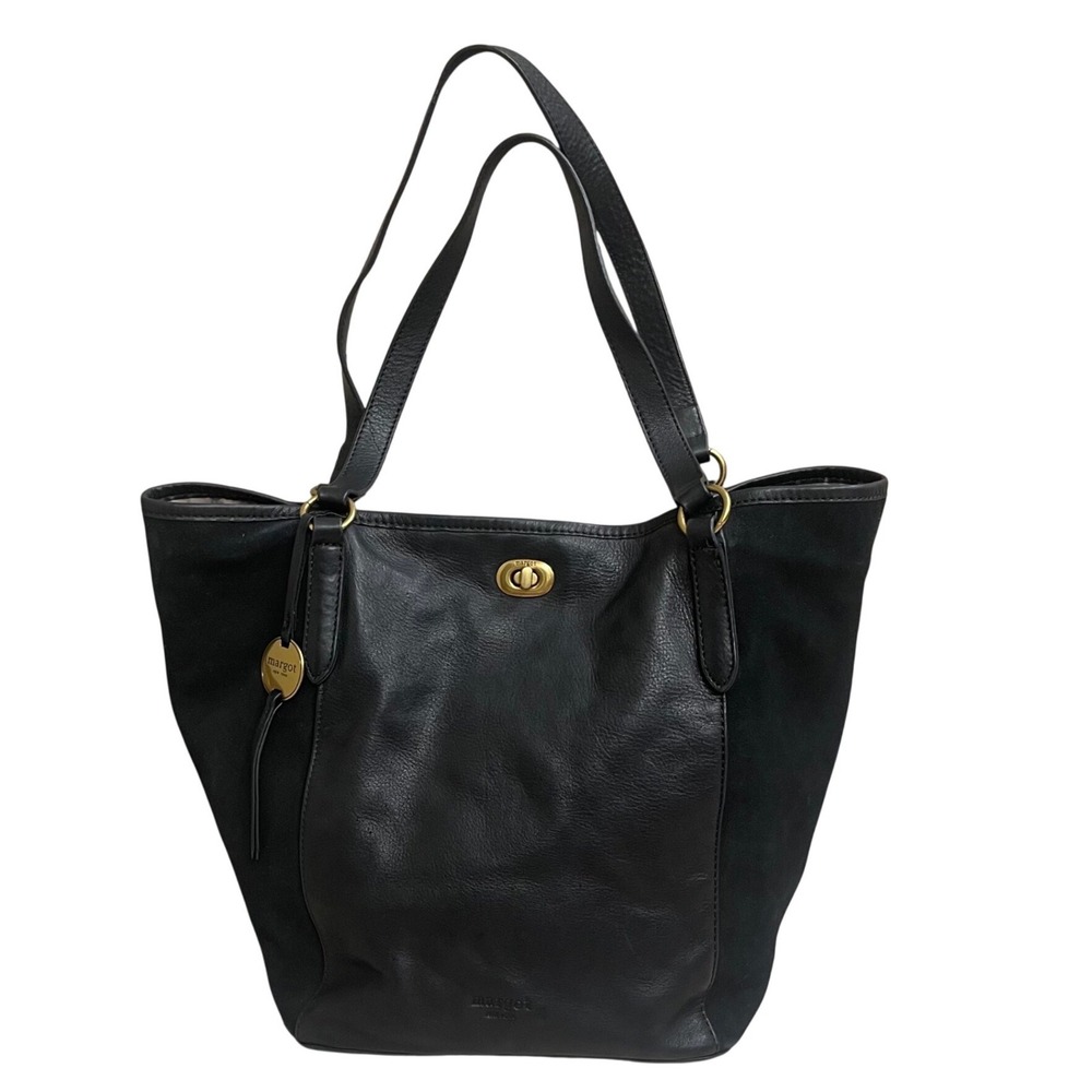 Margot New York Black Leather &  Suede Tote‎ Bag Shoulder Bag Gold Hardware